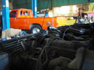 Close up details of car engine. Selective focus and shollow of field.