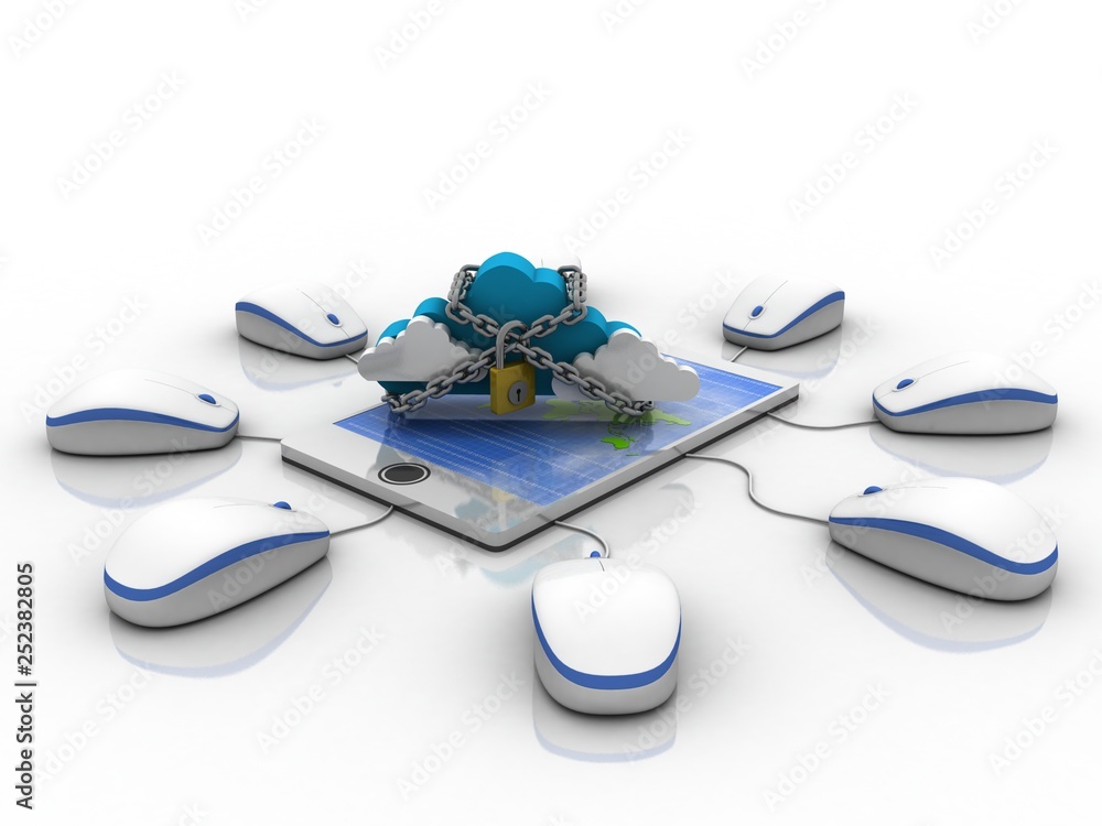 Poster 3d rendering cloud lock symbol on mobile phone connected mouse