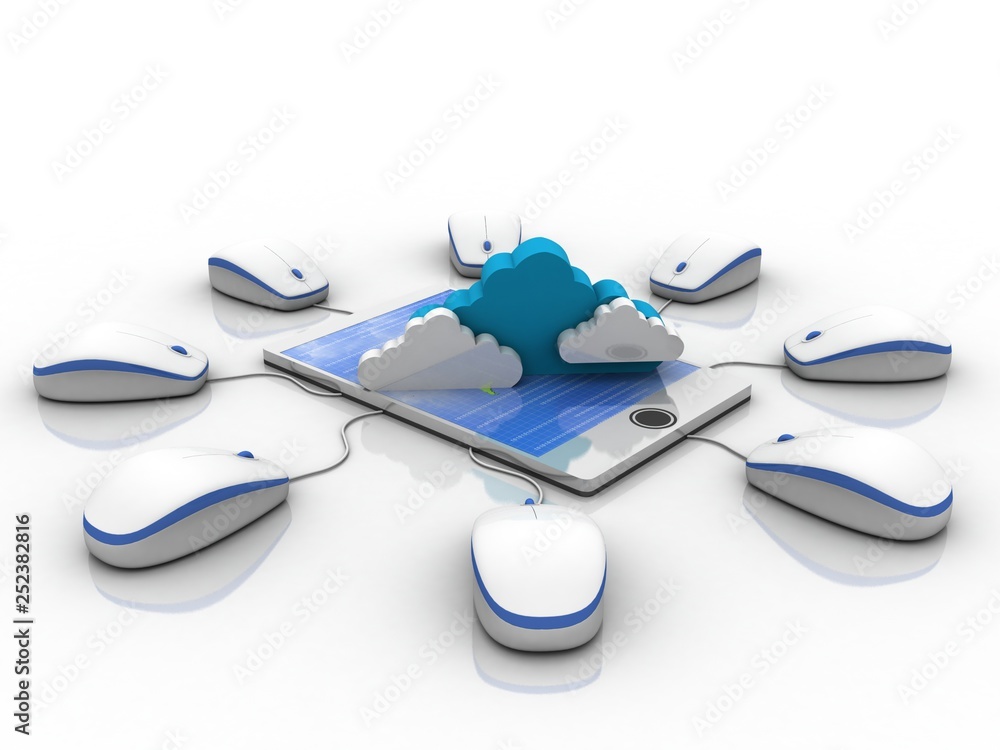 Poster 3d rendering cloud symbol on mobile phone connected mouse