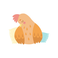 Cute Hen Bird Sleeping on Pillows Vector Illustration