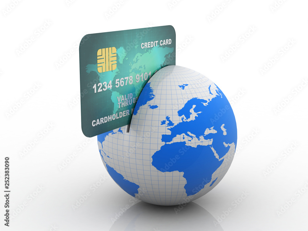 Poster 3d rendering credit or debit card with globe.
