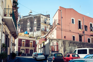 Beautiful cityscape of Italy, historical street of Catania, Sicily, facade of old buildings