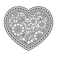 Mehndi flower pattern in form of heart for Henna drawing and tattoo. Decoration in ethnic oriental, Indian style. Valentine's day greetings. Coloring book page.