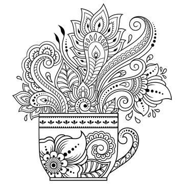 Stylized with henna tattoos decorative pattern in form of cup of coffee for decorating covers for book, notebook, casket and magazine. Flower in mehndi style in eastern tradition. Coloring book page.