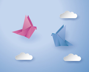 Origami birds on blue background with cloud.