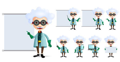 Genius scientist vector character set. Old inventor or professor teaching or showing formula and laboratory lesson in empty white board and screen isolated in white. Vector illustration.
