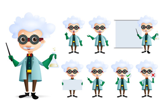 Scientist character vector set. Genius chemist professor teaching and experimenting different formula and inventions in empty whiteboard isolated in white. Vector Illustration.