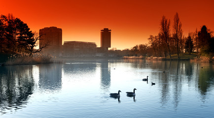 Lake and City hall of Creteil  in Val de Marne