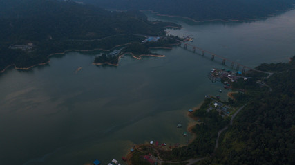 A beautiful landscape of aerial view at Royal Belum Malaysia with the fog surrounding the hill area