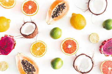 Fruit pattern on white background. Tropical fruits. Summer concept. Flat lay, top view