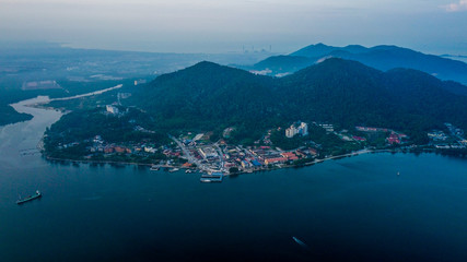 Aerial view landscape at Lumut Port Habour early in the morning
