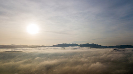 Aerial view landscape at the hill in Kedah surround with the fog