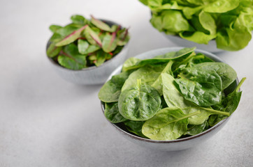 Fresh green salad leaves in a bowls on a gray concrete background, selective focus.