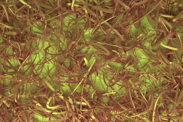 CGI composition, messy strings, virtual backdrop for design texture, background. 3D render.