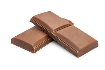 Pieces of chocolate bar on white.
