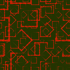 A lot of red rhombuses and squares in chaos on a green background.