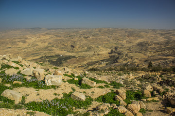 Fototapeta na wymiar dry desert Jordanian landscape in Middle East aerial photography from top of mount Nebo point view 