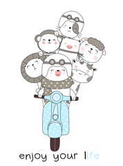 Cute baby animals with  motorcycles cartoon hand drawn style,for printing,card, t shirt,banner,product.vector illustartion