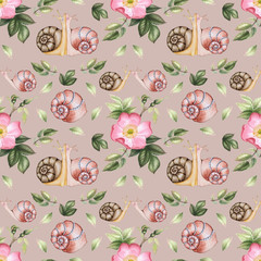 Roses, shells and snails. Watercolor flower seamless pattern on beige background.
