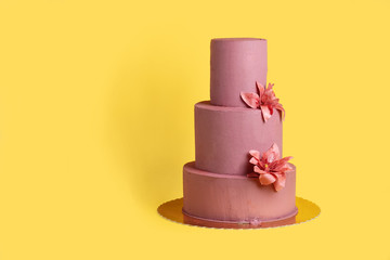 conceptual photo of cherry cake with flowers, biscuit cake with mascarpone, mastic, wedding cake on a yellow background