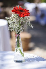 Flores rojas y blancas en jarrón de crista alargado sobre mesa