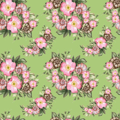 Roses and shells. Watercolor flower seamless pattern on green background.