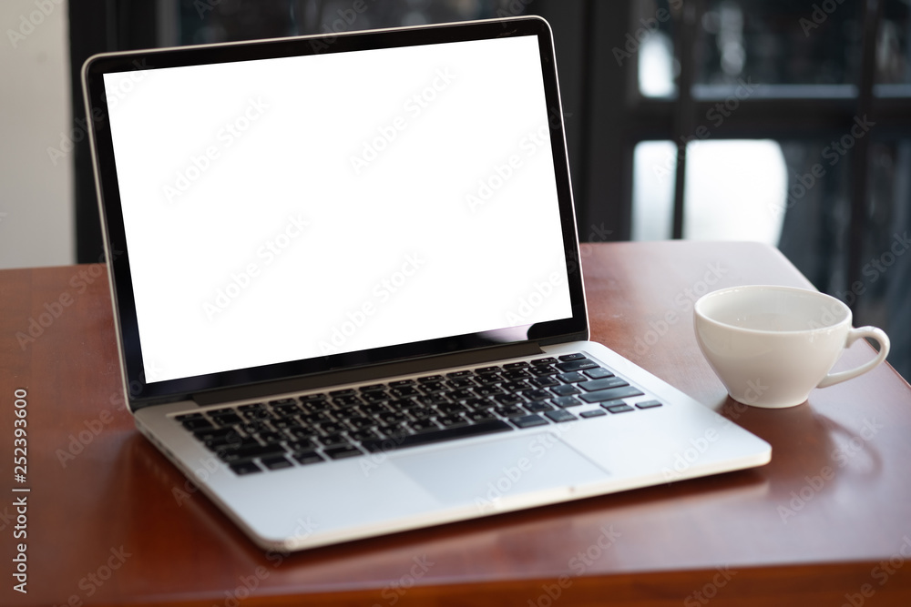 Poster mock up Using laptop with blank screen computer modern