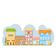 Obraz na płótnie Canvas City street with Houses on road in town. Flat cartoon style vector illustration.