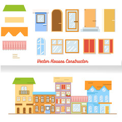 Vector Houses Constructor City street with Houses on road in town. Flat cartoon style vector illustration.