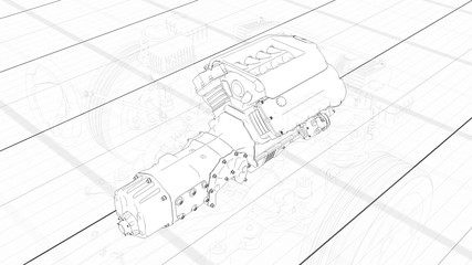 Working Car Internal Combustion Engine Scheme with chassis and wheels 3d render