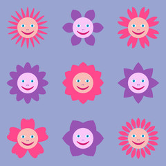 Fototapeta premium Seamless pattern with different flowers with human smiling faces. Multicolored illustration in cartoon style on lilac background.