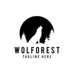 Wolf howling on the moon in the forest. Logo template. Vector illustration. - Vector