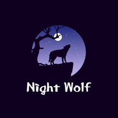 Night landscape in forest with wolf on rock. Wild dog howling in front of moon. Coyote at midnight. Wildlife and panorama. - Vector