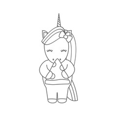 cute black and white cartoon vector with unicorn eating pizza illustration for coloring art