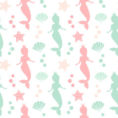 cute lovely summer seamless vector pattern background illustration with mermaids, shells and starfishes