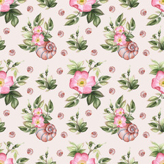 Roses. Watercolor flower seamless pattern on pink background.