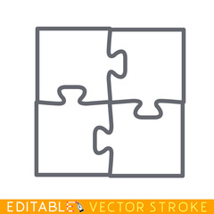 Four puzzle icon. Separate part. White background. Easy changing vector with editable strokes.