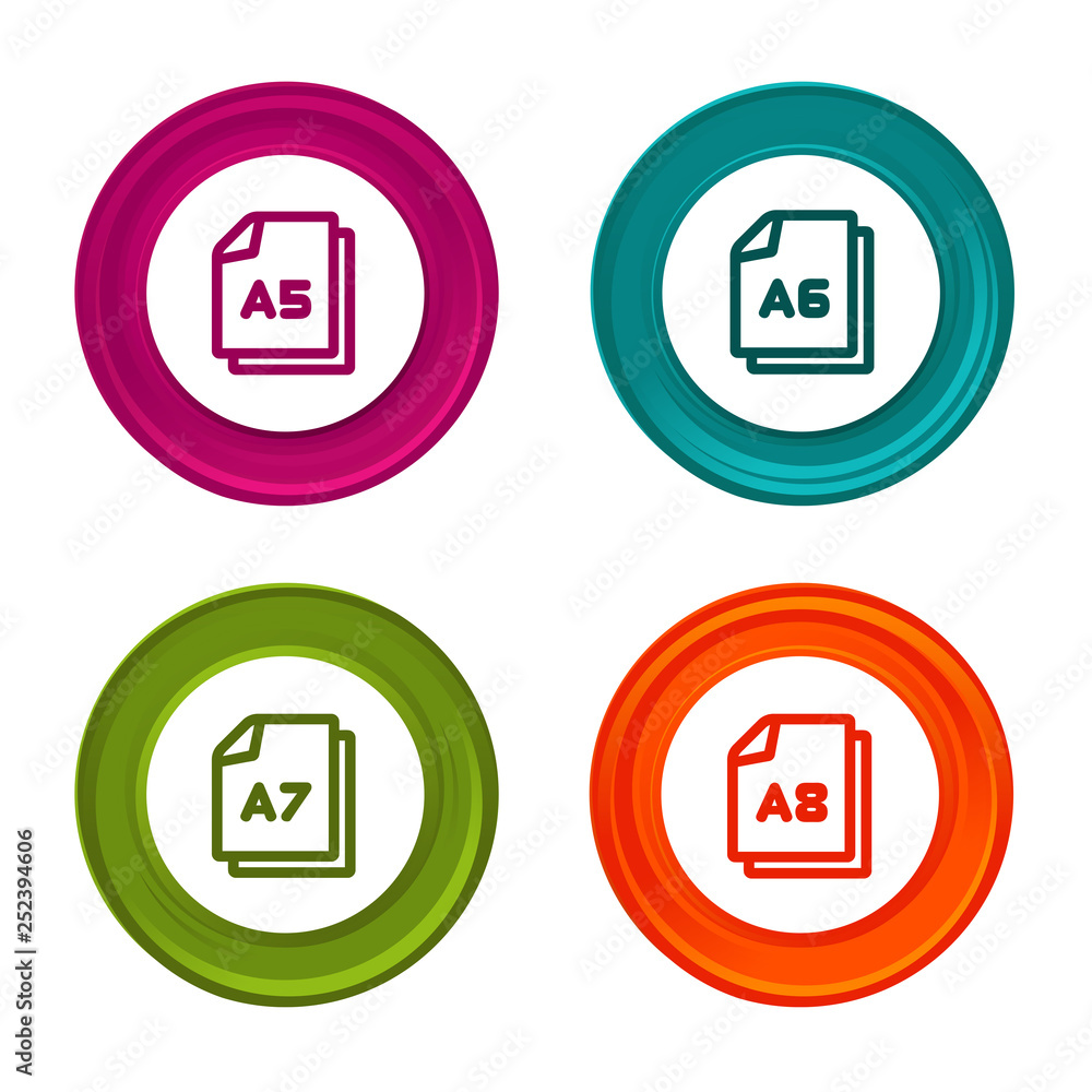 Poster paper size a5 a6 a7 a8 icons. document symbol. colorful web button with icon.