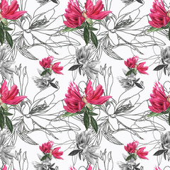 Peonies watercolor seamless pattern on white background