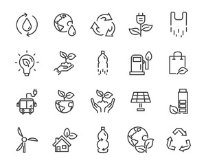 set of eco icons, such as clean energy, leaf, recycle, plastic