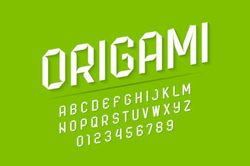 Modern origami style font, paper folding alphabet letters and numbers
