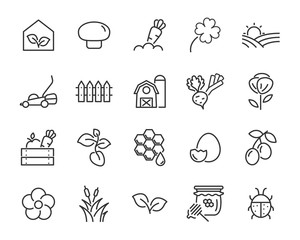 set of spring icons , such as harvest, farm, easter, flower, rain, garden