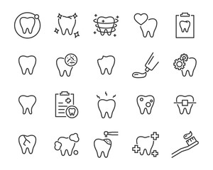 set of teeth icons, such as dental, tooth, brush, mouth, oral, pain