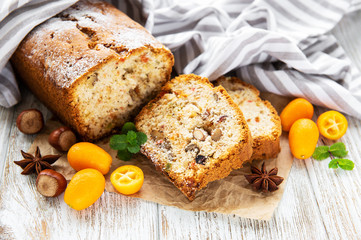 traditional homemade stollen with dried fruits and nuts