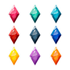 Set of nine different colored crystals, gemstones, gems, rhombus diamonds. Vector gui assets collection in cartoon style for game design isolated on white background.