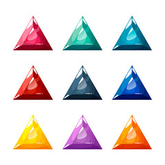 Set of nine different colored crystals, gemstones, gems, triangle diamonds. Vector gui assets collection in cartoon style for game design isolated on white background.