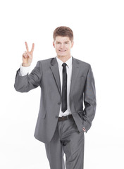handsome businessman showing victory sign.isolated on a white background.