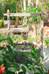 Pond and flower garden arrangement