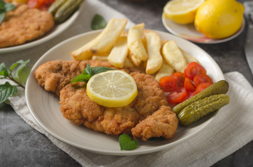 Homemade german schnitzel with pickles