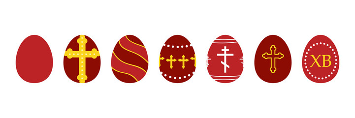 Set, collection of vector decorated red eggs for Orthodox Easter Day, Pascha or Resurrection Sunday.